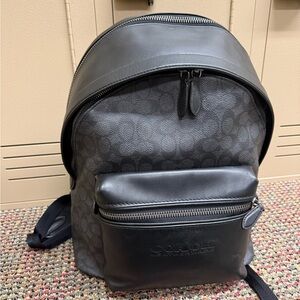 Coach Men's Charcoal Signature Canvas & Black Leather Backpack